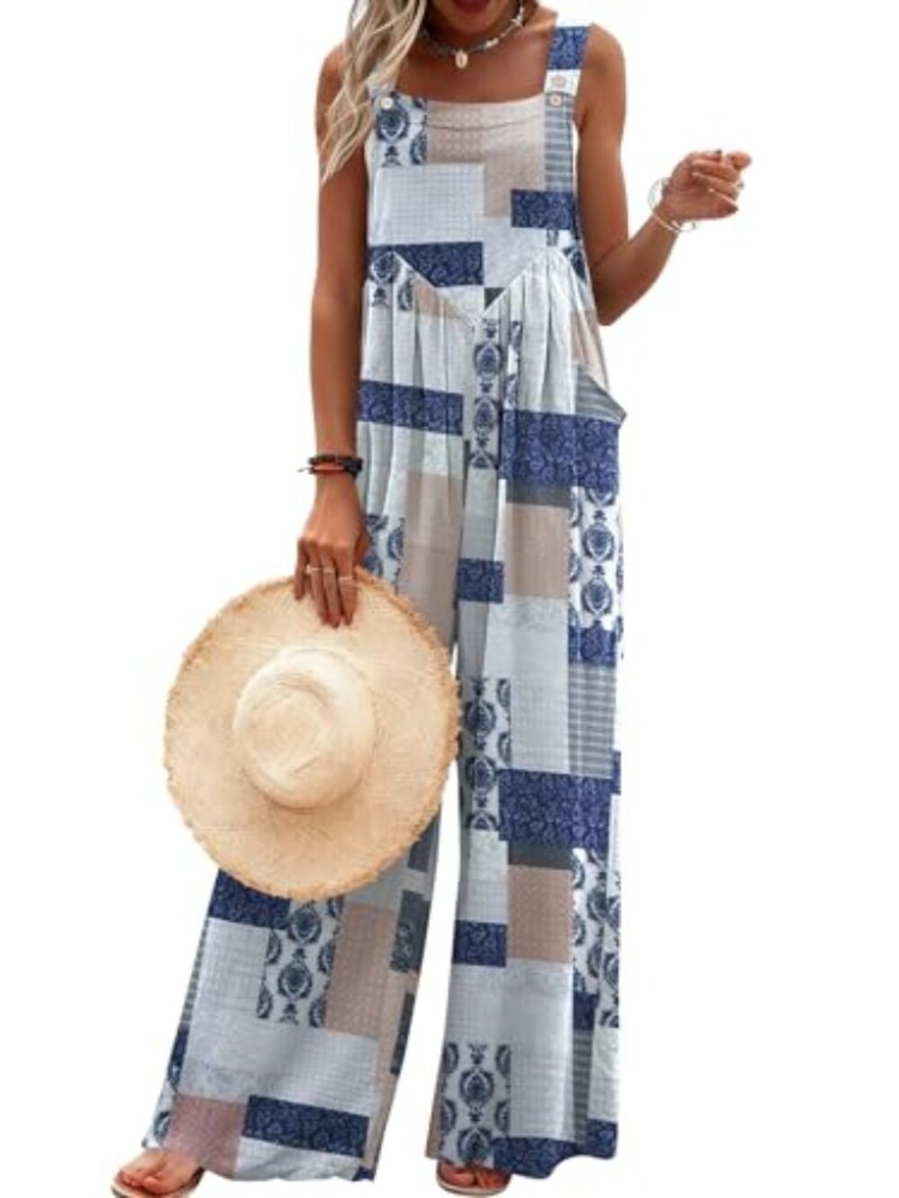 🆕 Womens Casual Overalls Boho Floral Loose Wide Leg Jumpsuits - Grey Boho Print